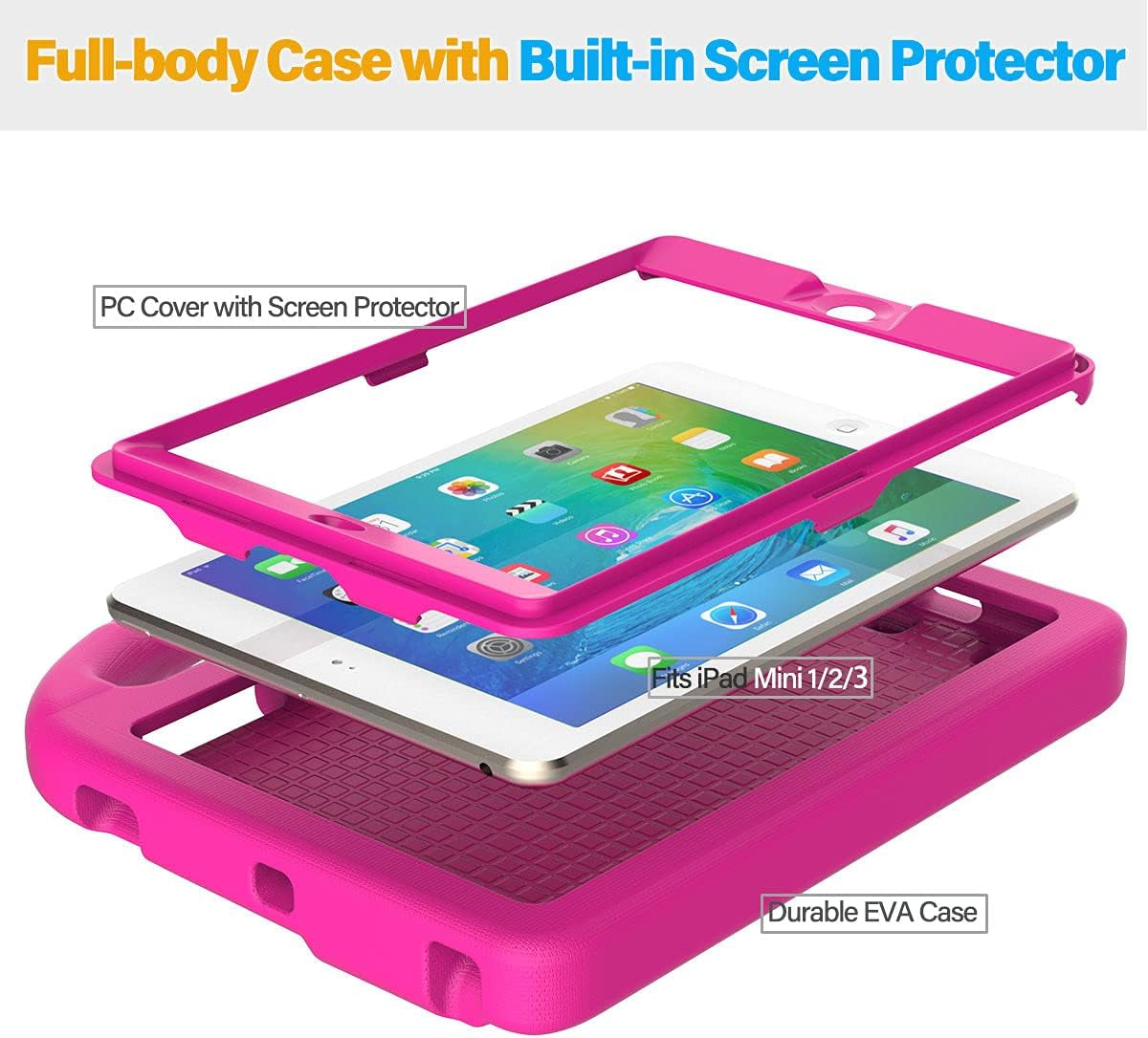 Kids Case for Ipad Mini 1/2/3 (7.9"), Built-In Screen Protector Durable Shockproof Protective Cover with Handle Stand for 7.9 Inch Apple Ipad Mini 1St/2Nd/3Rd Generation, Pink