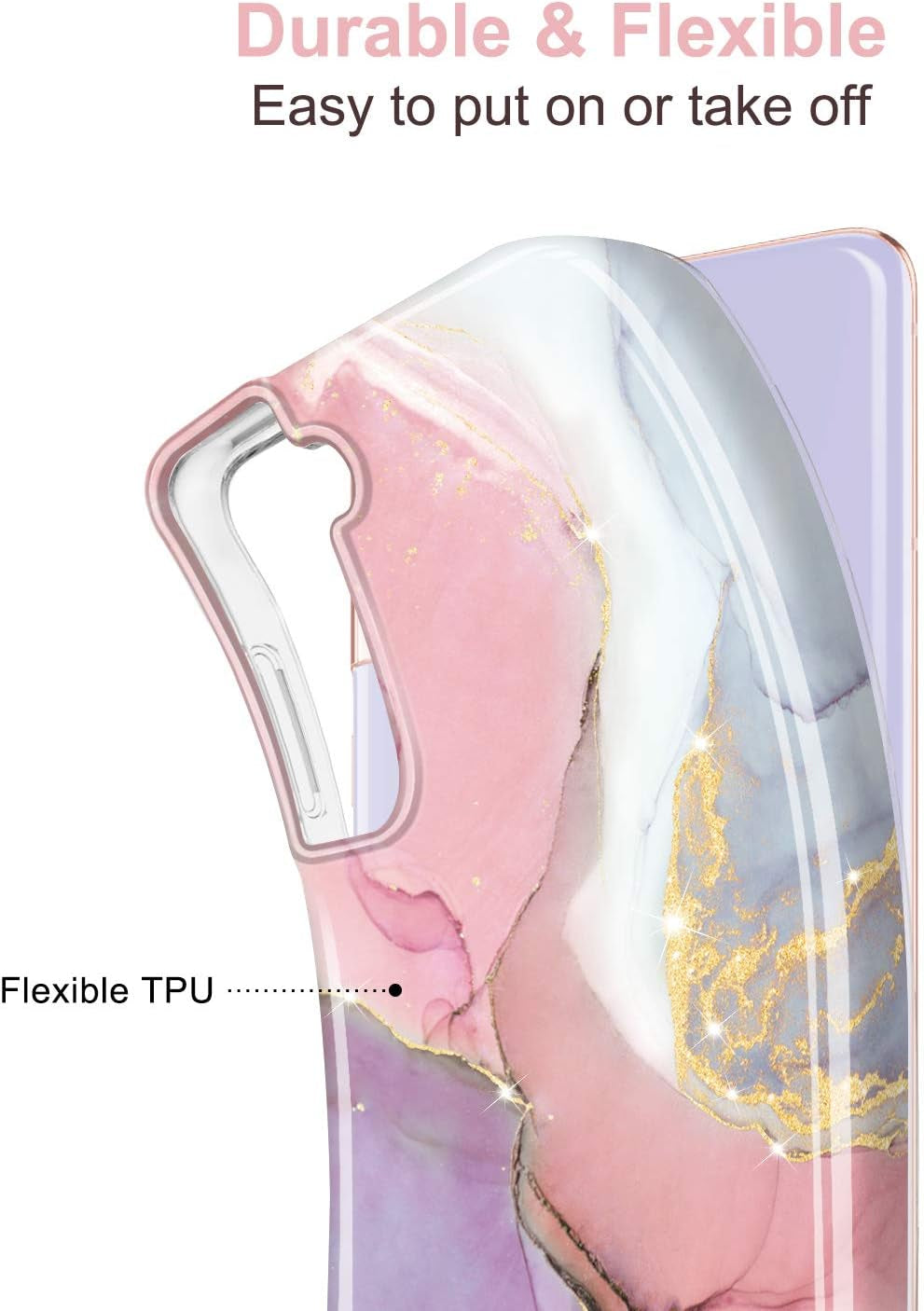 Galaxy S21 Case Gold Sparkle Glitter Marble Slim Shockproof TPU Soft Rubber Silicone Cover Phone Case for Samsung Galaxy S21 5G 6.2 Inch 2021 Pink Purple