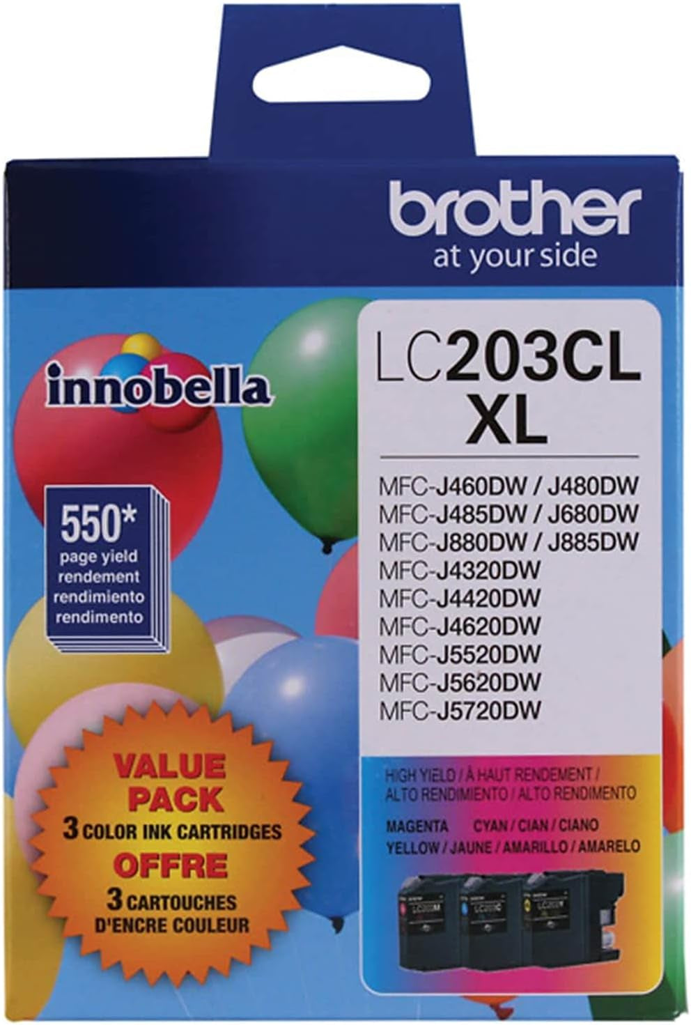 Genuine High Yield Color Ink Cartridge, LC2033PKS, Replacement Color Ink Three Pack, Includes 1 Cartridge Each of Cyan, Magenta & Yellow, Page Yield up to 550 Pages, Amazon Dash Replenishment Cartridge, LC203