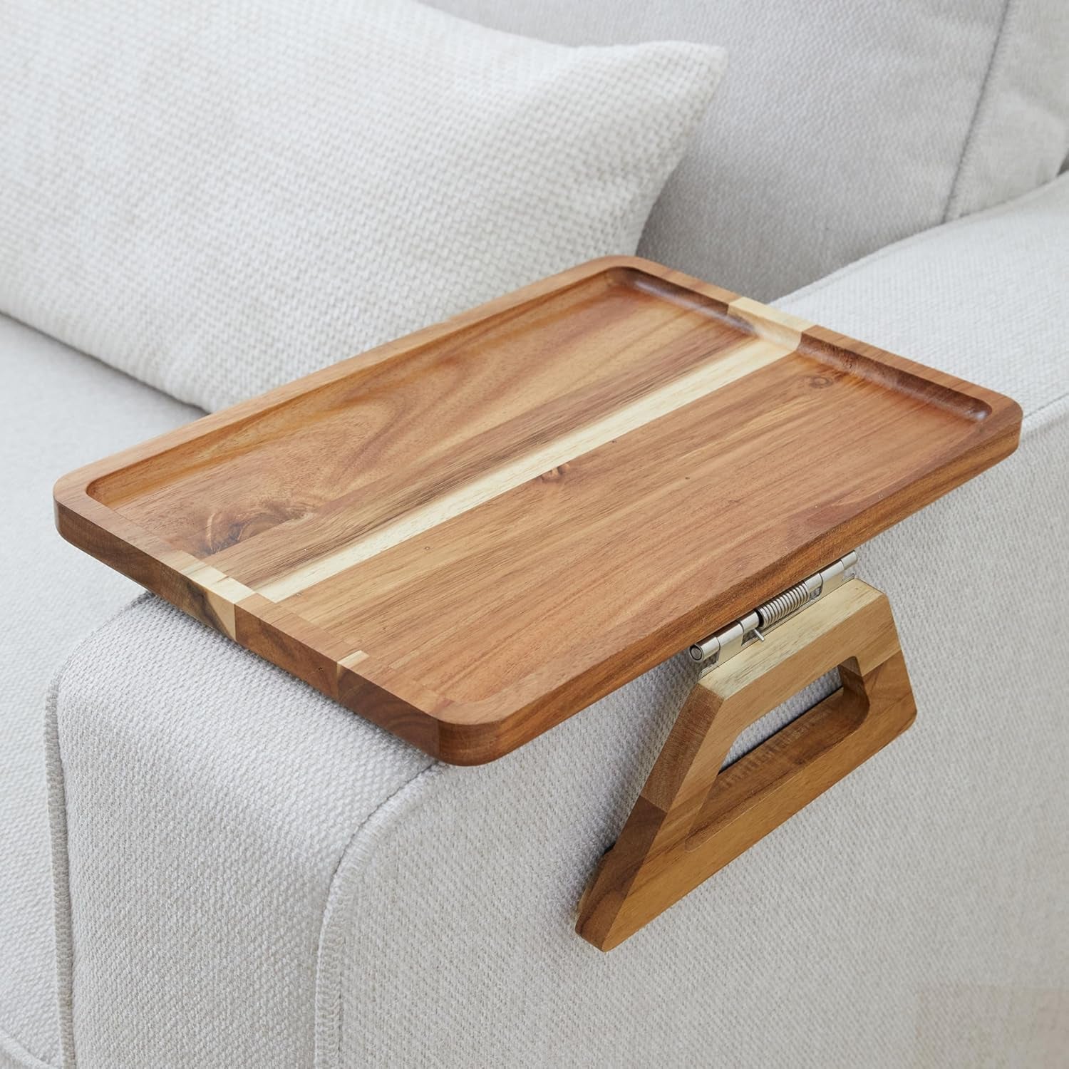 Acacia Wood Trayble Couch Arm Table, Clip on Tray Sofa Table for Couches. Sofa Arm Tray, Armchair Table for TV Dinners, Remotes, Drinks and Snacks - 13.75 X 9.5Inch, Light