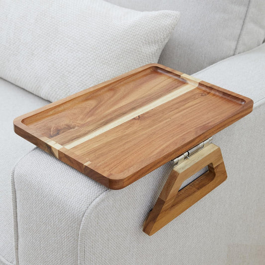 Acacia Wood Trayble Couch Arm Table, Clip on Tray Sofa Table for Couches. Sofa Arm Tray, Armchair Table for TV Dinners, Remotes, Drinks and Snacks - 13.75 X 9.5Inch, Light