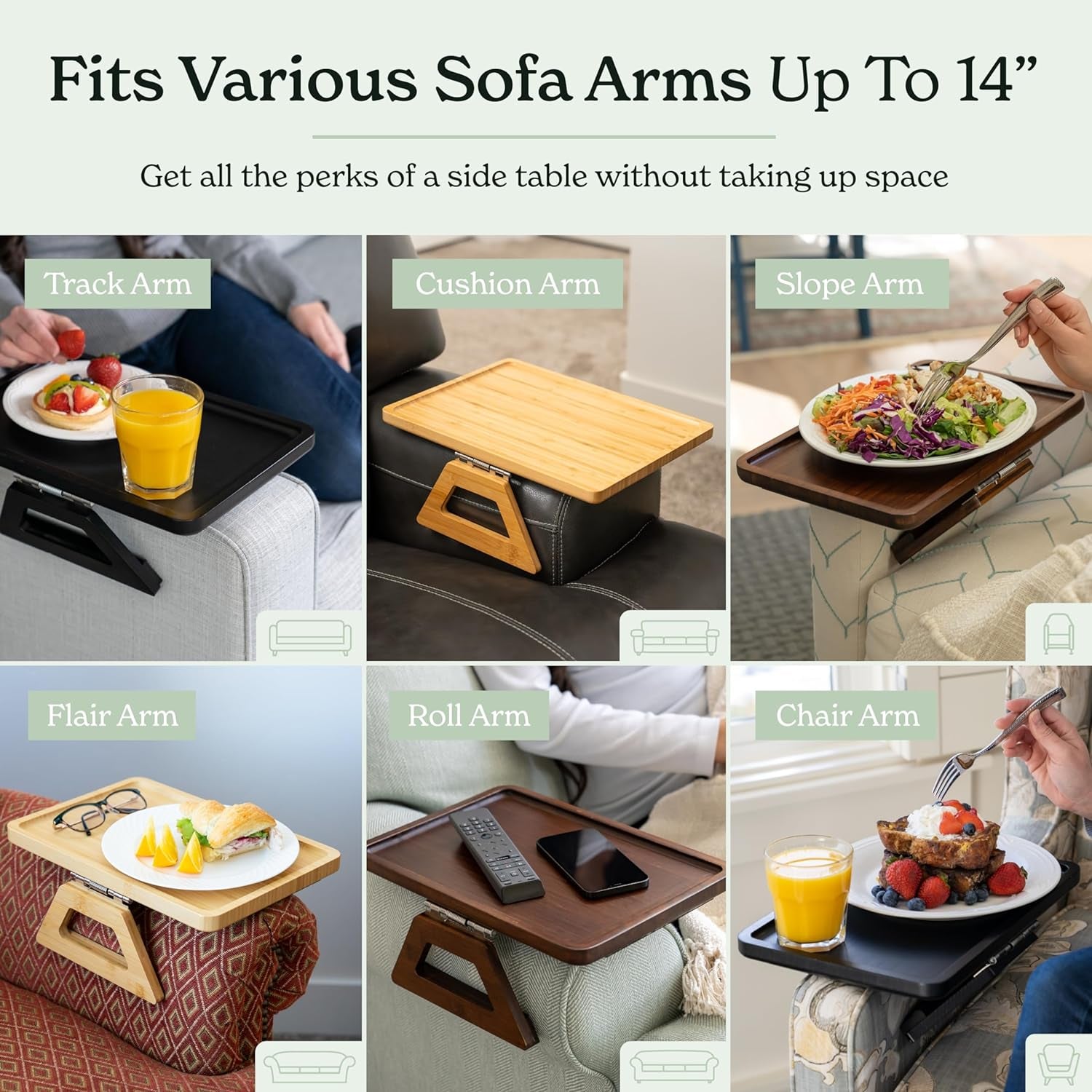 Acacia Wood Trayble Couch Arm Table, Clip on Tray Sofa Table for Couches. Sofa Arm Tray, Armchair Table for TV Dinners, Remotes, Drinks and Snacks - 13.75 X 9.5Inch, Light